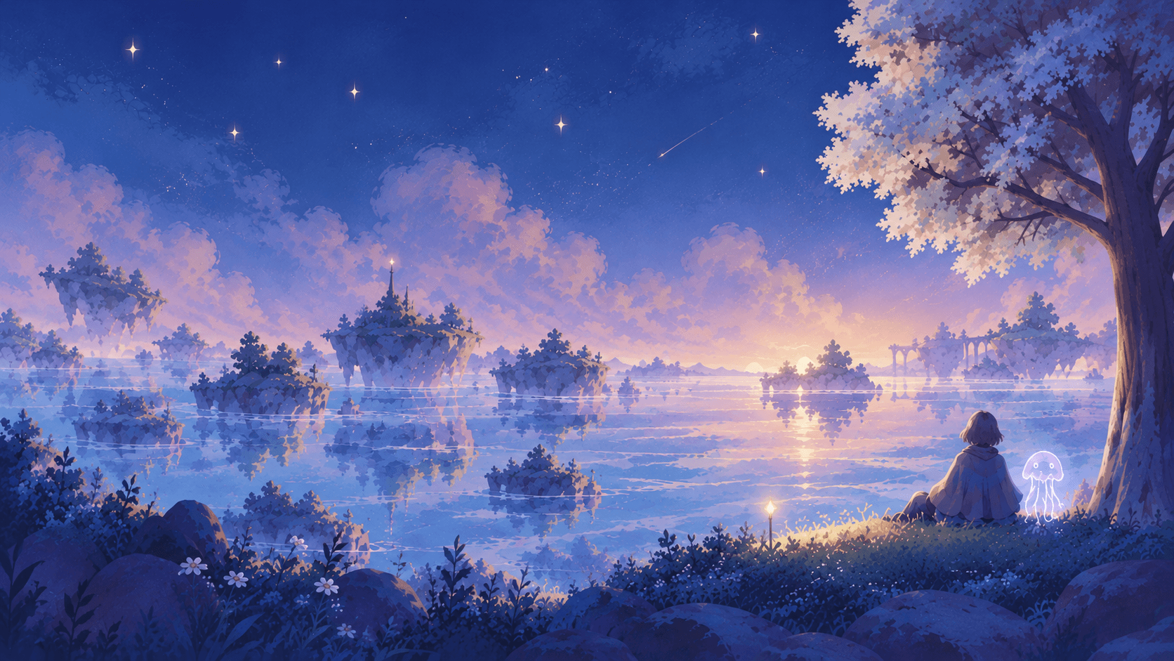 A wanderer and a glowing jellyfish beside a lake of floating islands under a starry sky